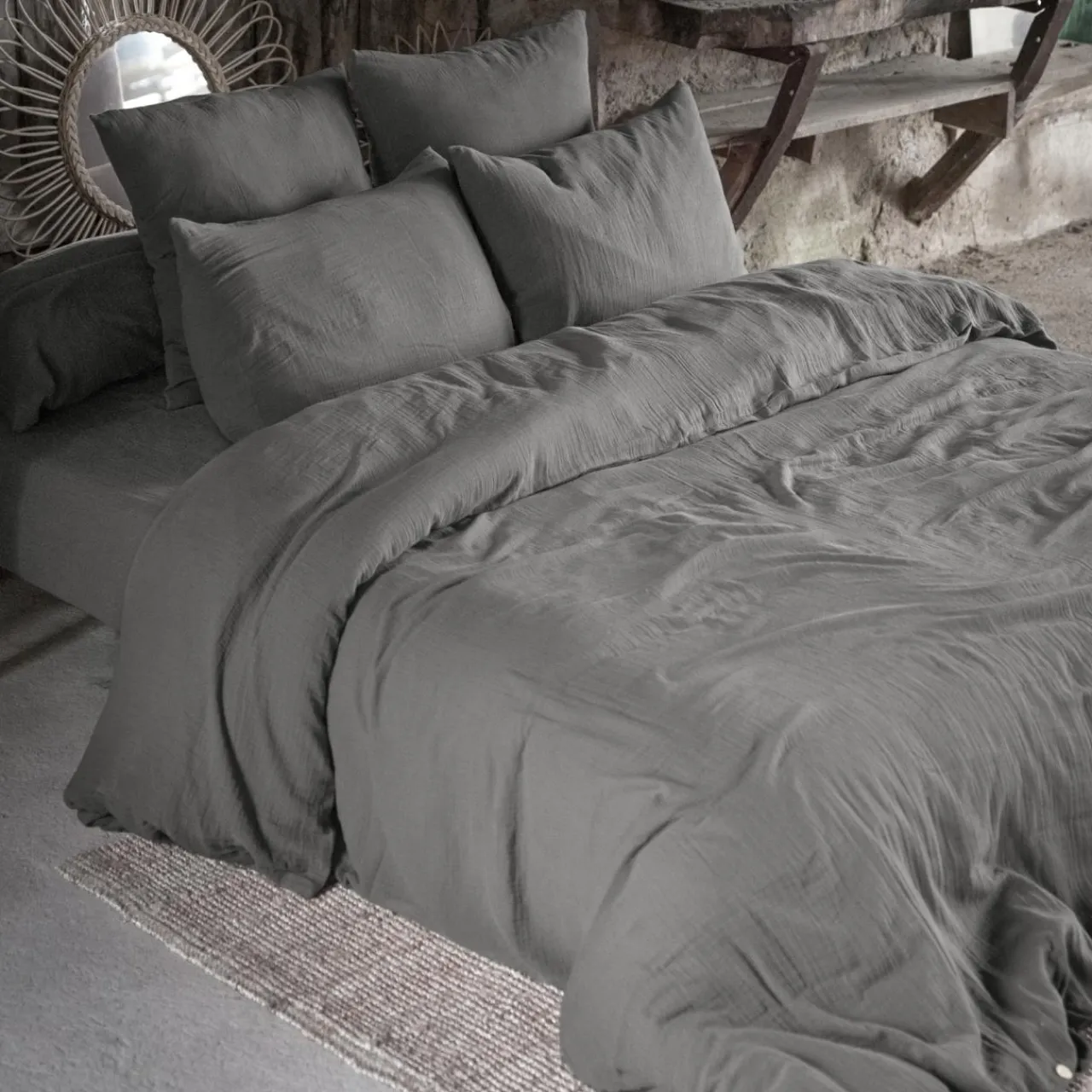 Drap Housse|EMINZA Drap housse gaze de coton (160 x 200 cm) Gaïa Gris granit Gris foncé