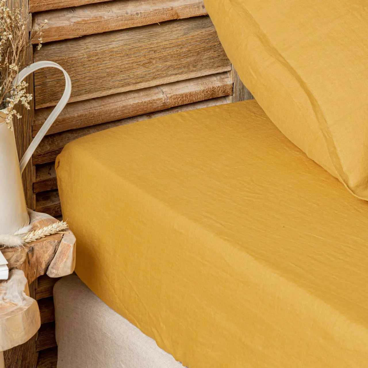 Drap Housse|EMINZA Drap housse lin lavé (180 x 200 cm) Louise Jaune moutarde
