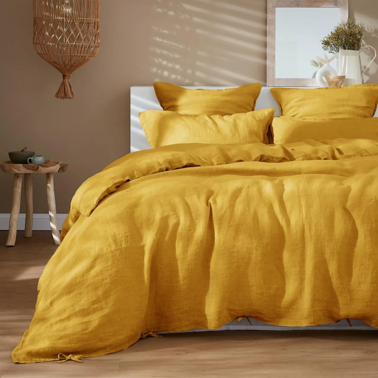 Drap Housse|EMINZA Drap housse lin lavé (180 x 200 cm) Louise Jaune moutarde