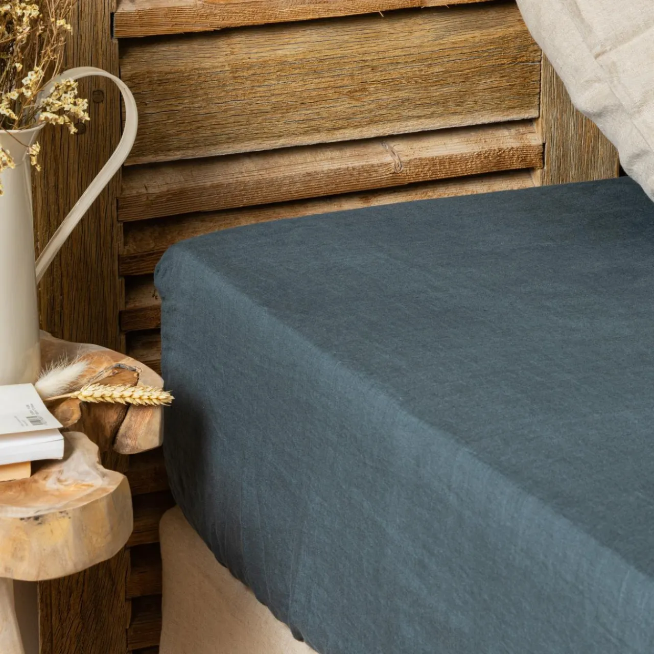 Drap Housse|EMINZA Drap housse lin lavé (160 x 200 cm) Louise Gris ardoise