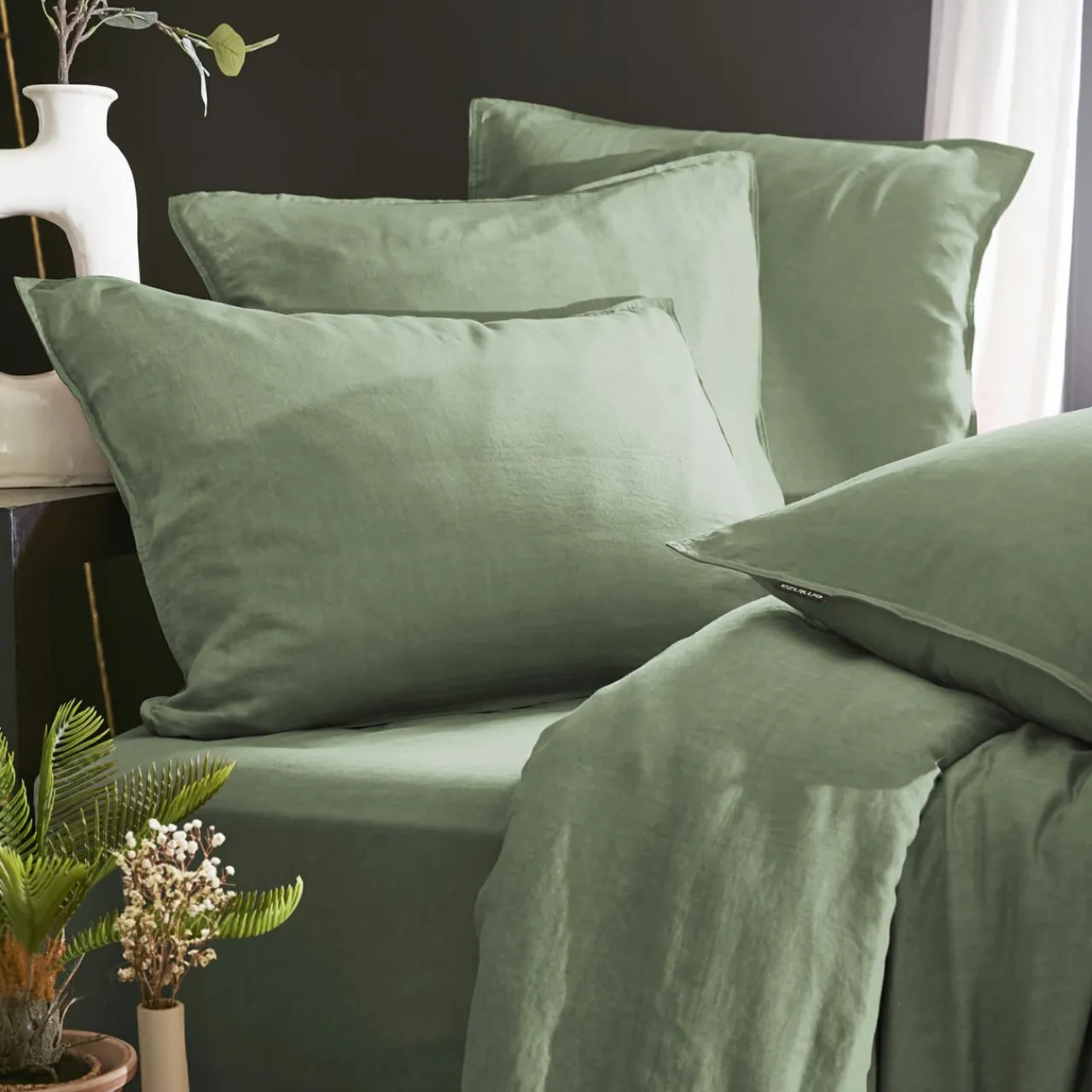 Drap Housse|EMINZA Drap housse lyocell Tencel™ lavé (140 x 190 cm) Olivia Vert romarin