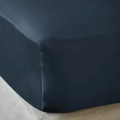 Drap Housse|EMINZA Drap housse satin de bambou (200 x 200 cm) Sienna Bleu nuit