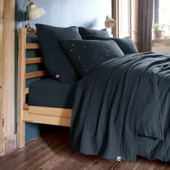 Drap Plat|EMINZA Drap plat gaze de coton (240 x 300 cm) Gaïa Bleu nuit
