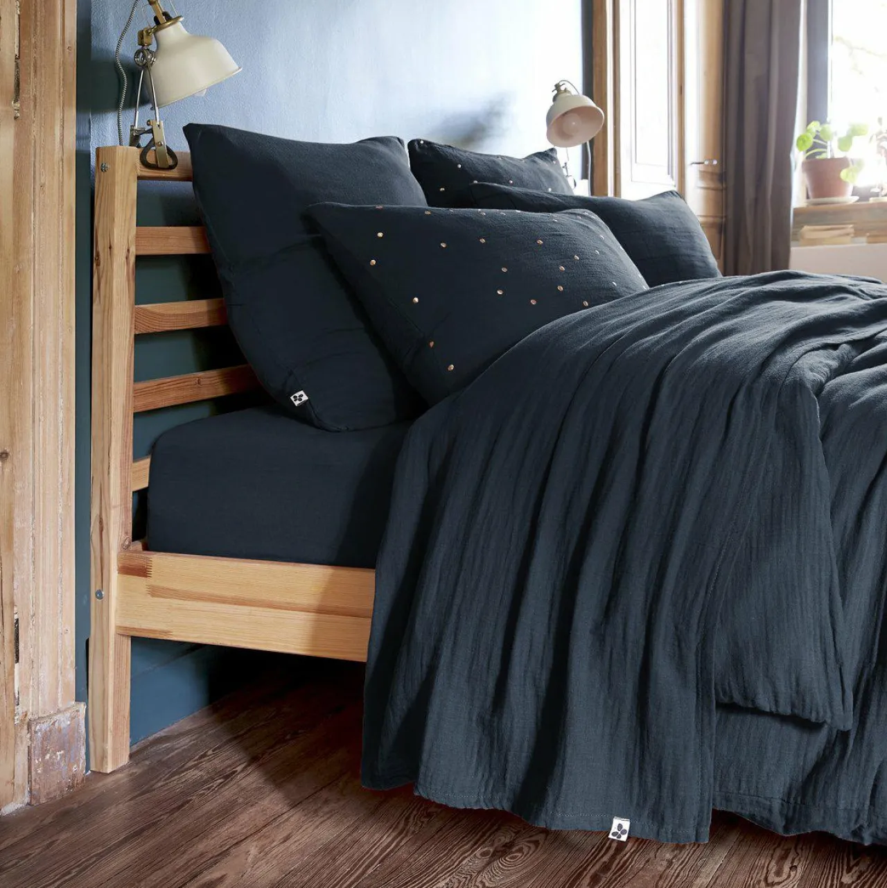 Drap Plat|EMINZA Drap plat gaze de coton (240 x 300 cm) Gaïa Bleu nuit