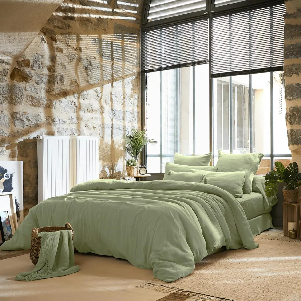 Drap Plat|EMINZA Drap plat gaze de coton (240 x 300 cm) Gaïa Vert tilleul