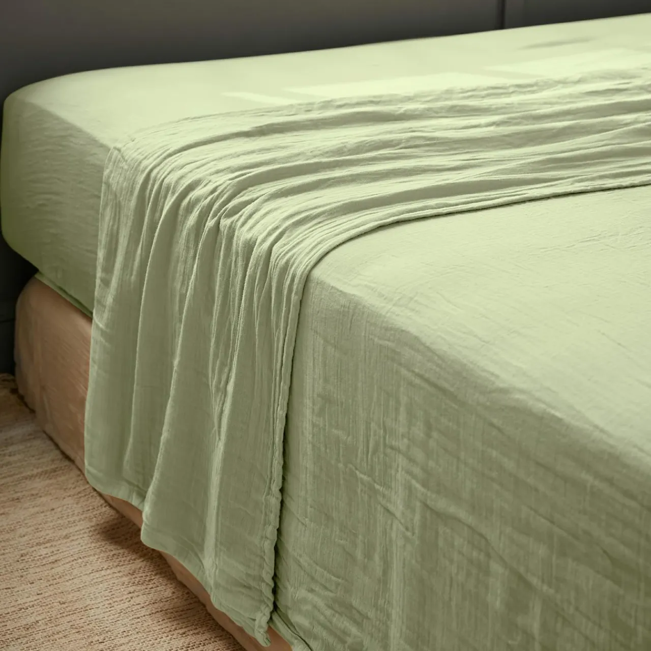 Drap Plat|EMINZA Drap plat gaze de coton (270 x 300 cm) Gaïa Vert tilleul