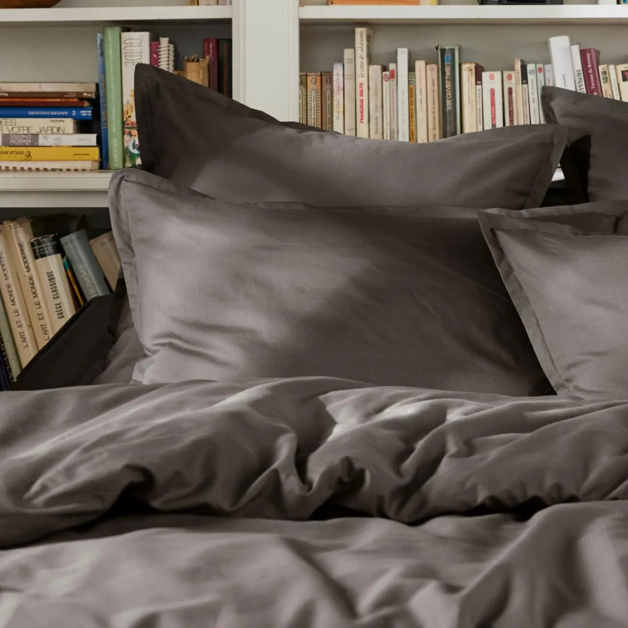 Drap Plat|EMINZA Drap plat percale de coton (240 x 300 cm) Cali Gris Anthracite