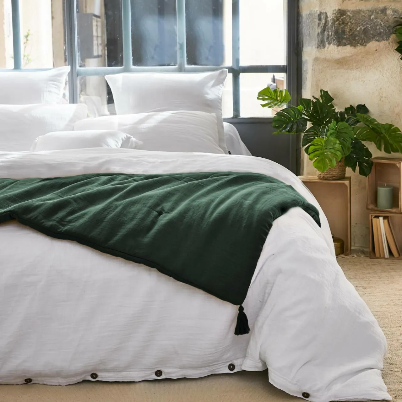 Couvre-Lit Et Édredon|EMINZA Édredon gaze de coton (150 x 150 cm) Gaïa Vert sapin