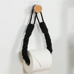 Rangement Salle De Bain|Accessoire Wc|TENDANCE Dérouleur de papier - porte serviette adhésif Easy Chic Corde Noir