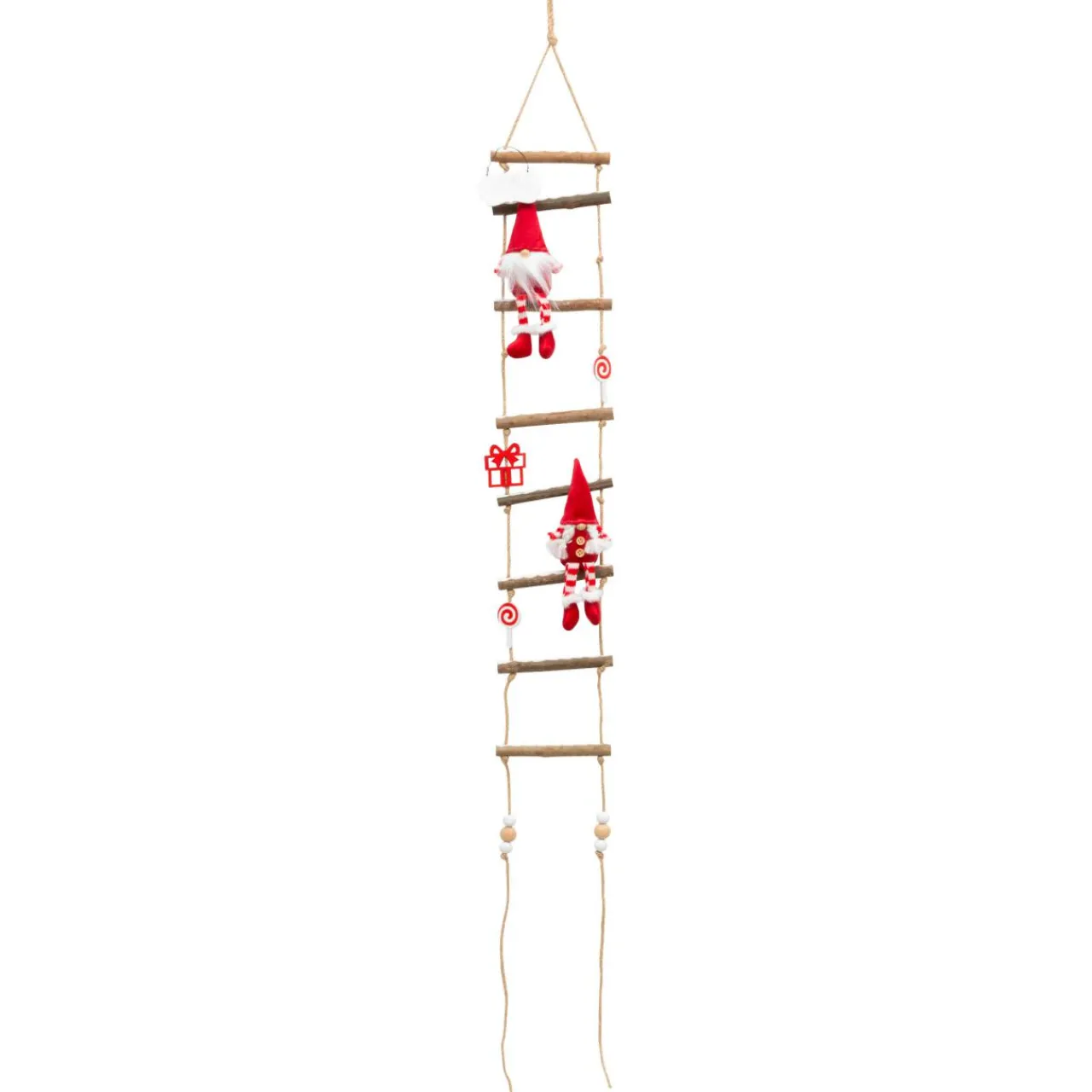 Personnage, Objet Grand Format|Père Noël, Animaux Et Personnage|JJA Echelle en bois à suspendre (H115 cm) Les lutins coquins Rouge