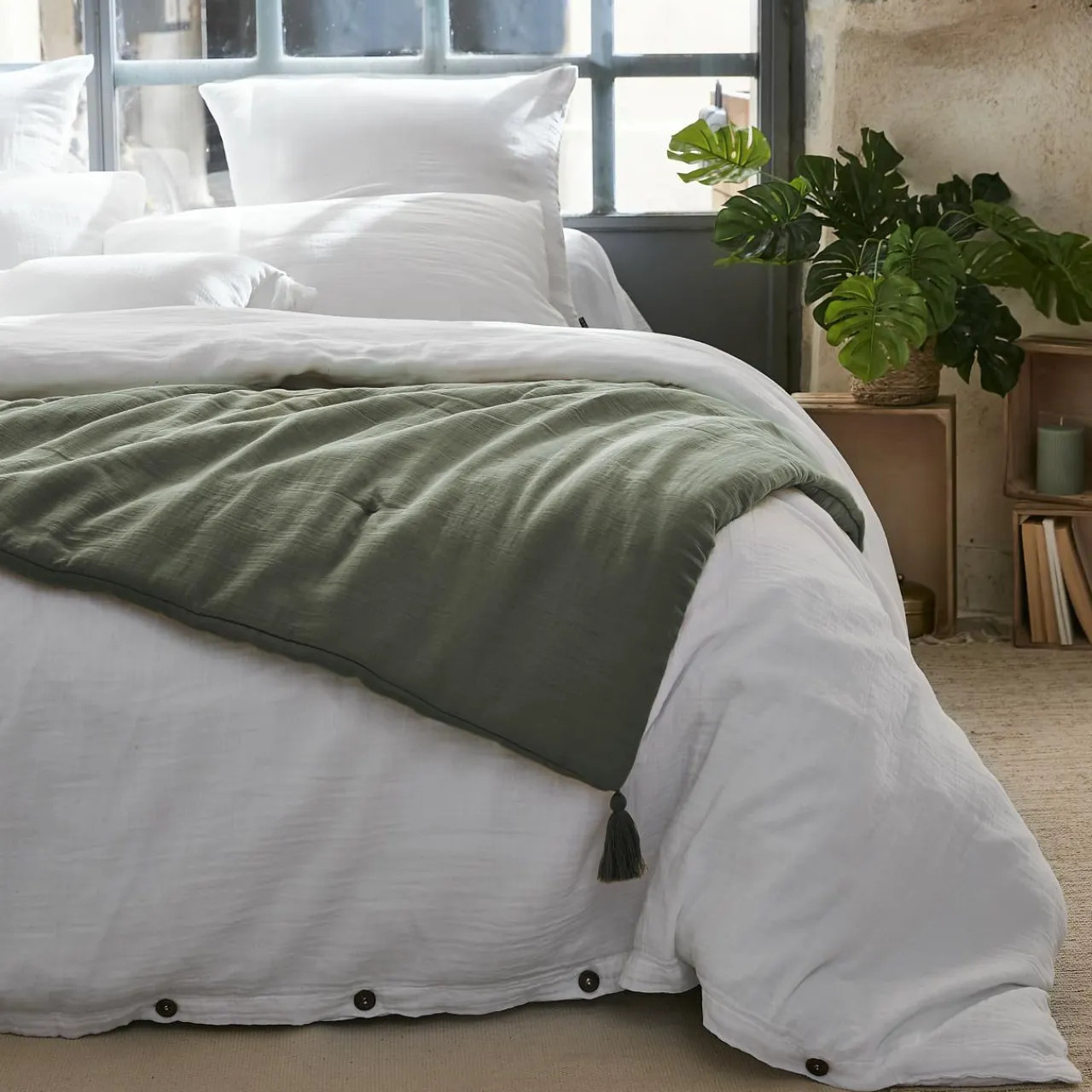 Couvre-Lit Et Édredon|EMINZA Edredon gaze de coton (90 x 200 cm) Gaïa Vert romarin