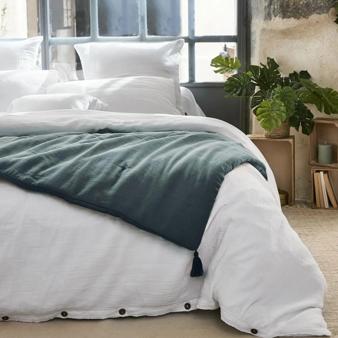 Couvre-Lit Et Édredon|EMINZA Edredon gaze de coton (90 x 200 cm) Gaïa Bleu canard