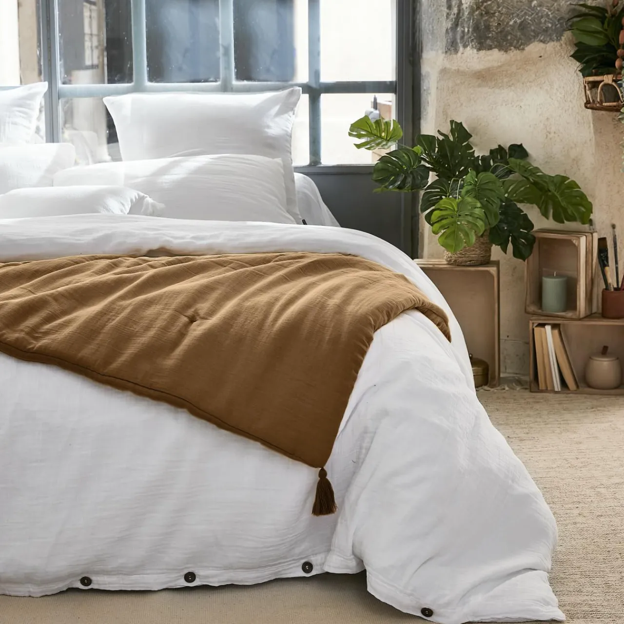 Couvre-Lit Et Édredon|EMINZA Edredon gaze de coton (150 x 150 cm) Gaïa Camel