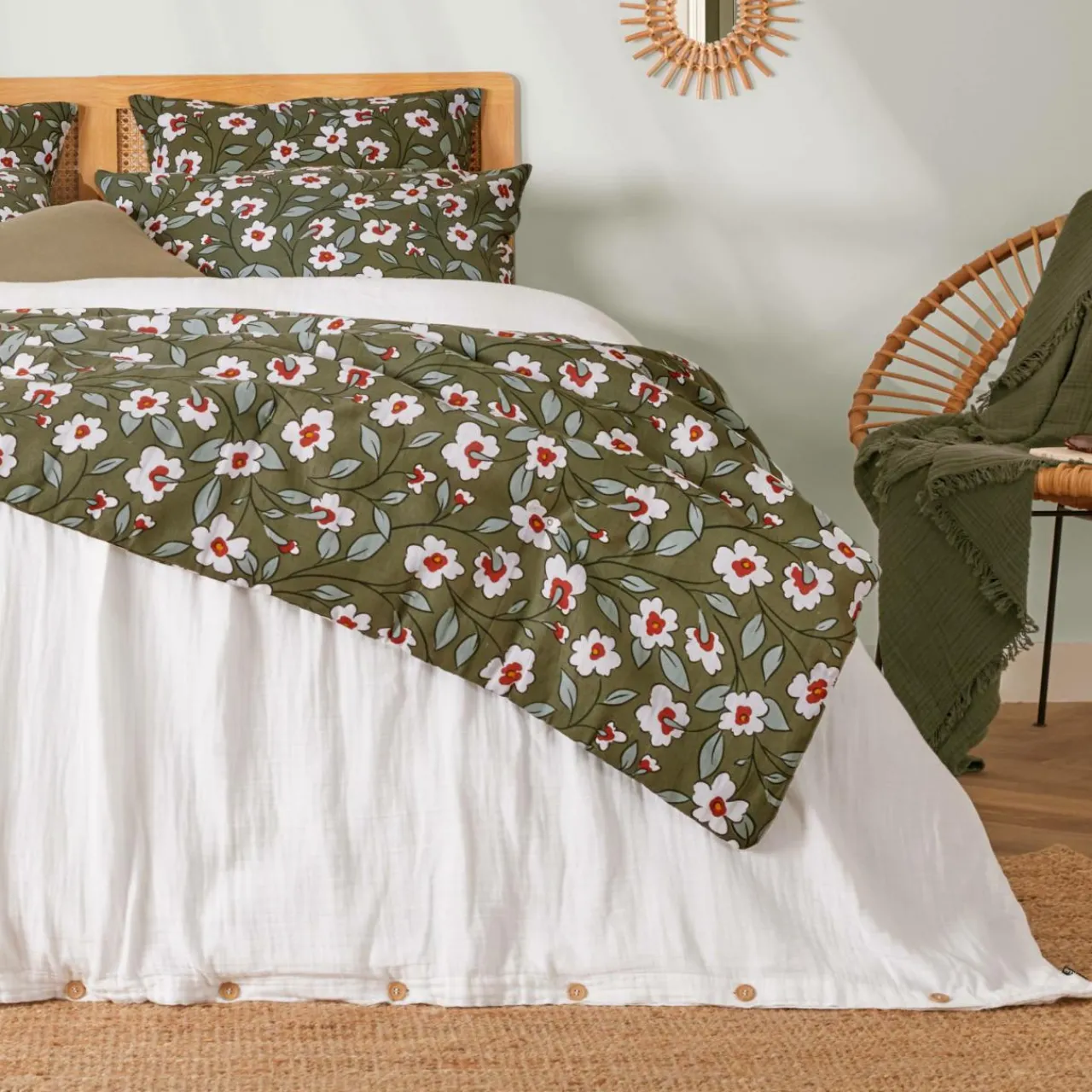 Couvre-Lit Et Édredon|EMINZA Edredon gaze de coton (90 x 200 cm) Gaïa Marguerite Vert Romarin