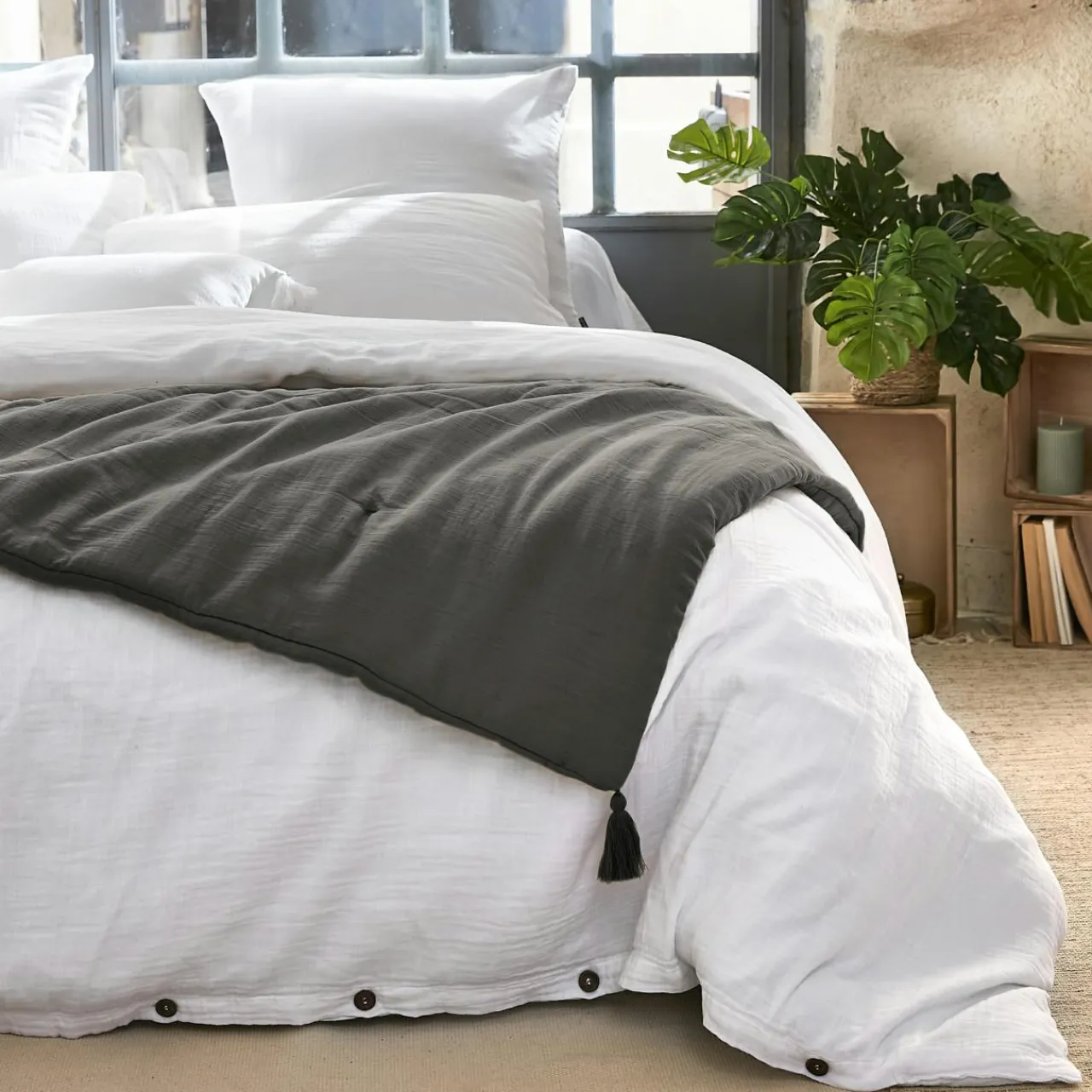 Couvre-Lit Et Édredon|EMINZA Edredon gaze de coton (150 x 150 cm) Gaïa Gris granit Gris foncé