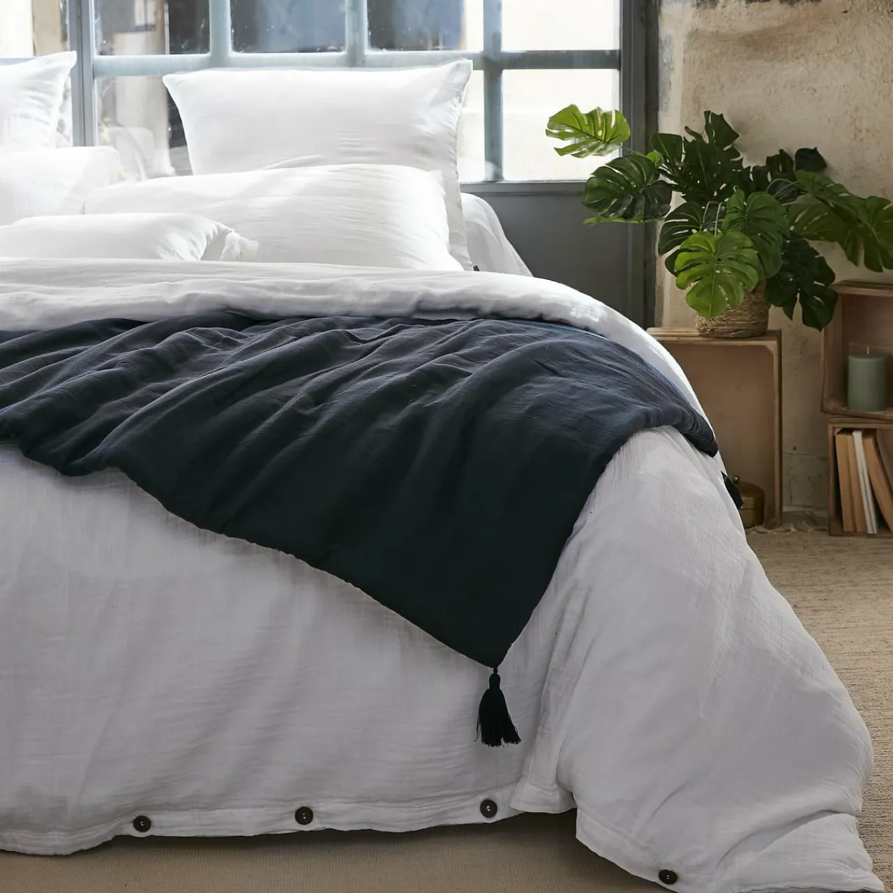 Couvre-Lit Et Édredon|EMINZA Edredon gaze de coton (150 x 150 cm) Gaïa Bleu nuit