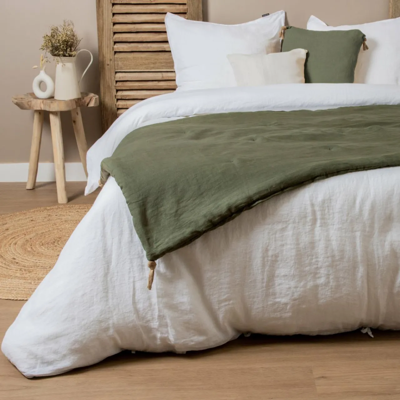 Couvre-Lit Et Édredon|EMINZA Edredon lin lavé (90 x 200 cm) Louise Vert romarin
