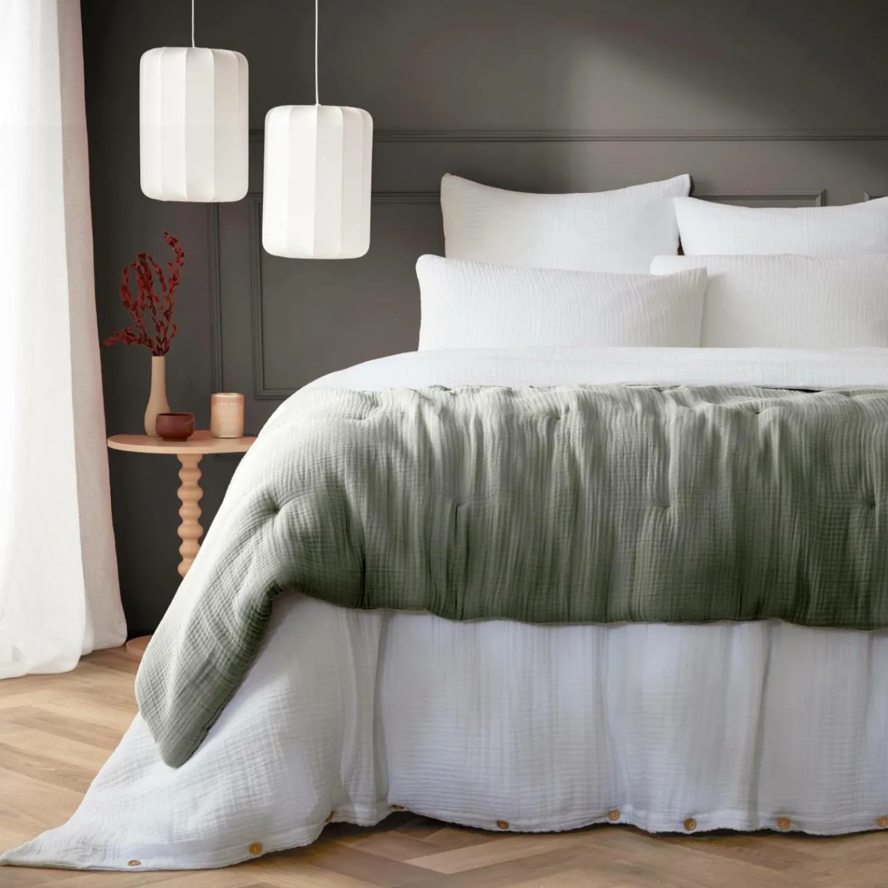 Couvre-Lit Et Édredon|EMINZA Edredon quadruple gaze de coton (90 x 220 cm) Victoria x Gaïa Vert romarin