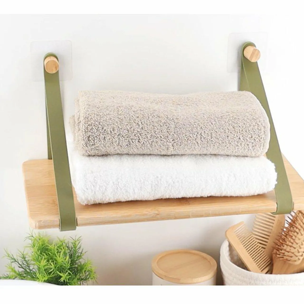 Rangement Salle De Bain|TENDANCE Etagère adhésive bambou (40 x H20 cm) Easy Chic Vert kaki