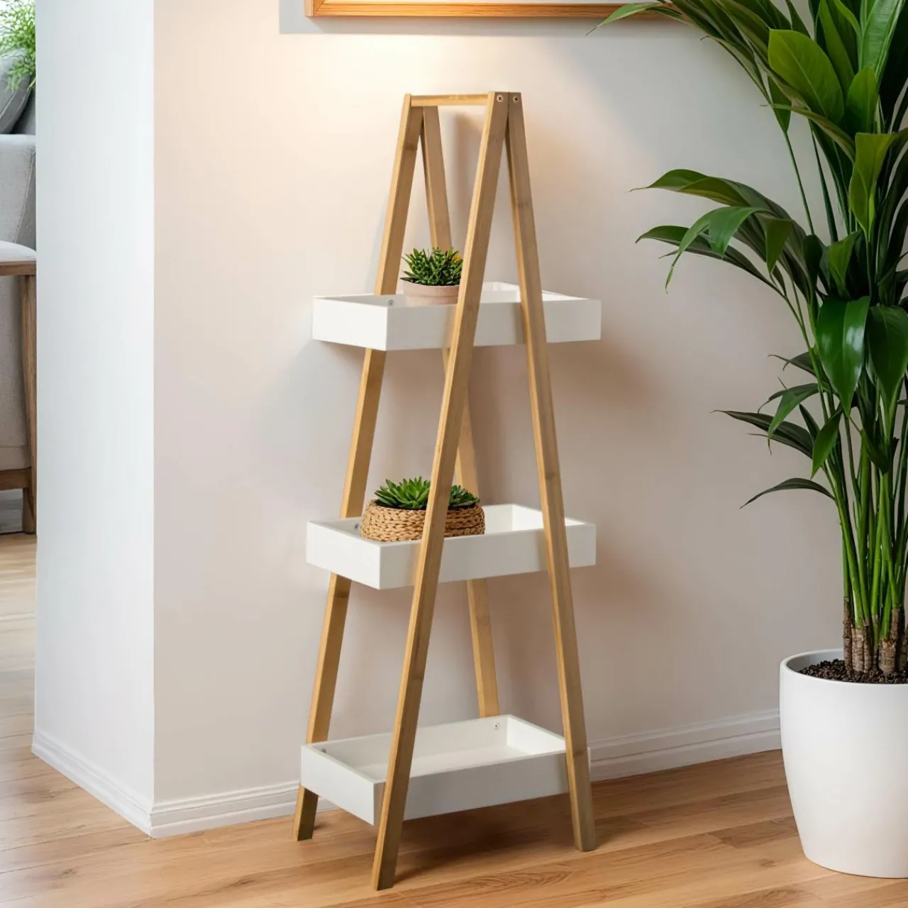 Meuble Salle De Bain|Etagère, Meuble Modulable|EMINZA Etagère bois et bambou (H84 cm) Pyramide 3 niveaux he Blanc