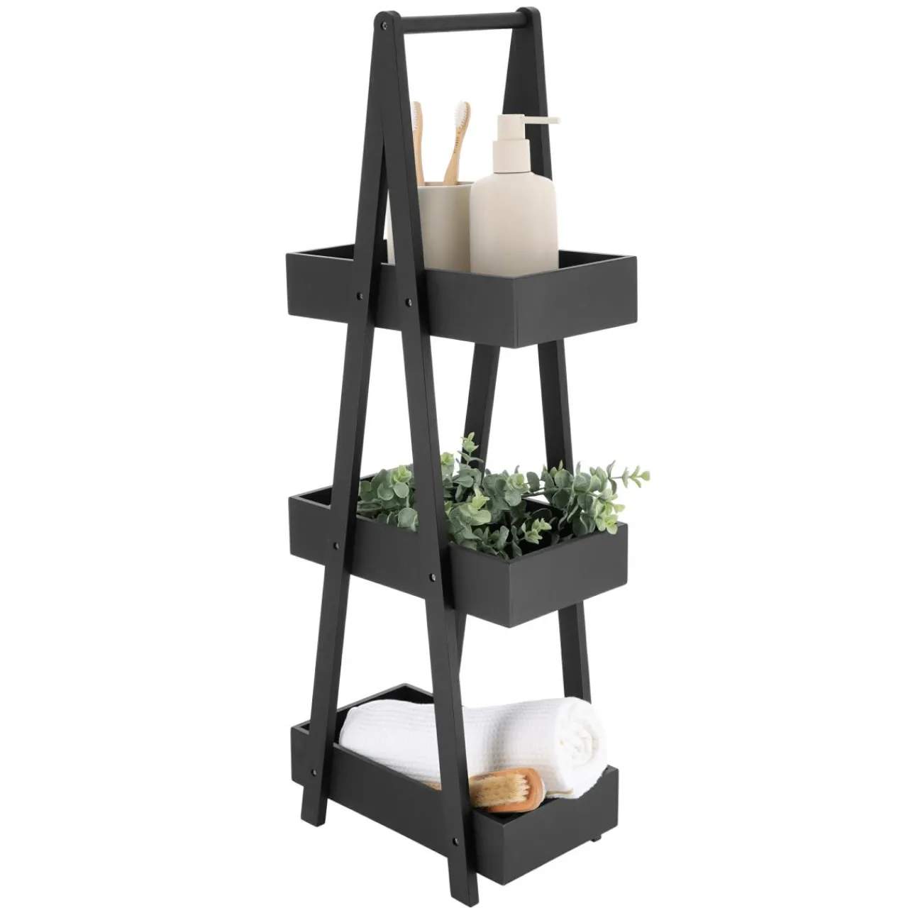 Meuble Salle De Bain|Etagère, Meuble Modulable|TENDANCE Etagère en bambou 3 niveaux (H80 cm) Pyramide Noir
