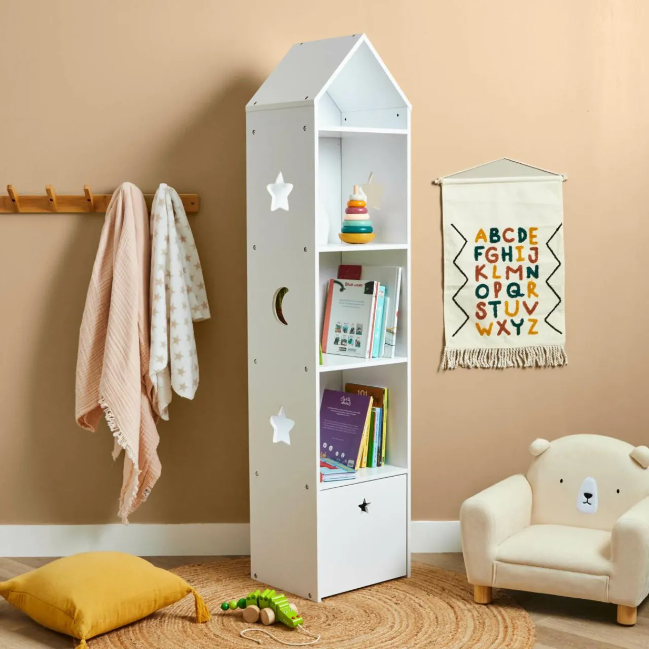 Petit Meuble Enfant|EMINZA Etagère enfant bois 4 niveaux (H154 cm) Stars Blanc