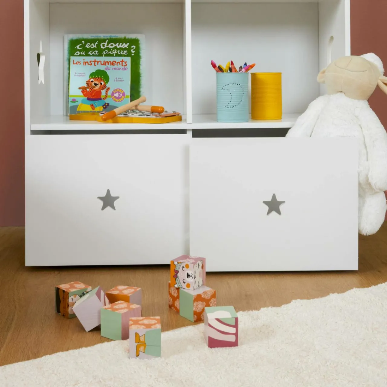 Petit Meuble Enfant|EMINZA Etagère enfant bois 3 niveaux (H97 cm) Stars Blanc