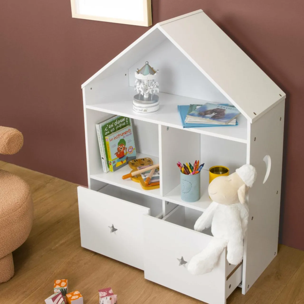Petit Meuble Enfant|EMINZA Etagère enfant bois 3 niveaux (H97 cm) Stars Blanc