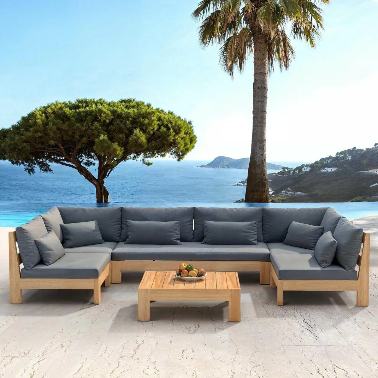 Canapé, Fauteuil Et Table Basse|MOBELLIA Fauteuil d'angle de jardin bois d'acacia Bornéo Gris Anthracite