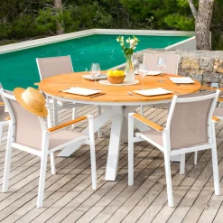 Chaise De Jardin|MOBELLIA Fauteuil de jardin aluminium et bois teck empilable Bali Blanc