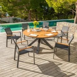 Chaise De Jardin|MOBELLIA Fauteuil de jardin aluminium et bois teck empilable Bali Gris Anthracite