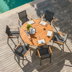 Chaise De Jardin|MOBELLIA Fauteuil de jardin aluminium et bois teck empilable Bali Gris Anthracite