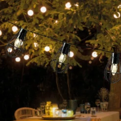 Luminaire Jardin|Eclairage Extérieur|#N/A Guirlande lumineuse solaire en métal 3,5 m 8 LED Indus Blanc chaud Noir