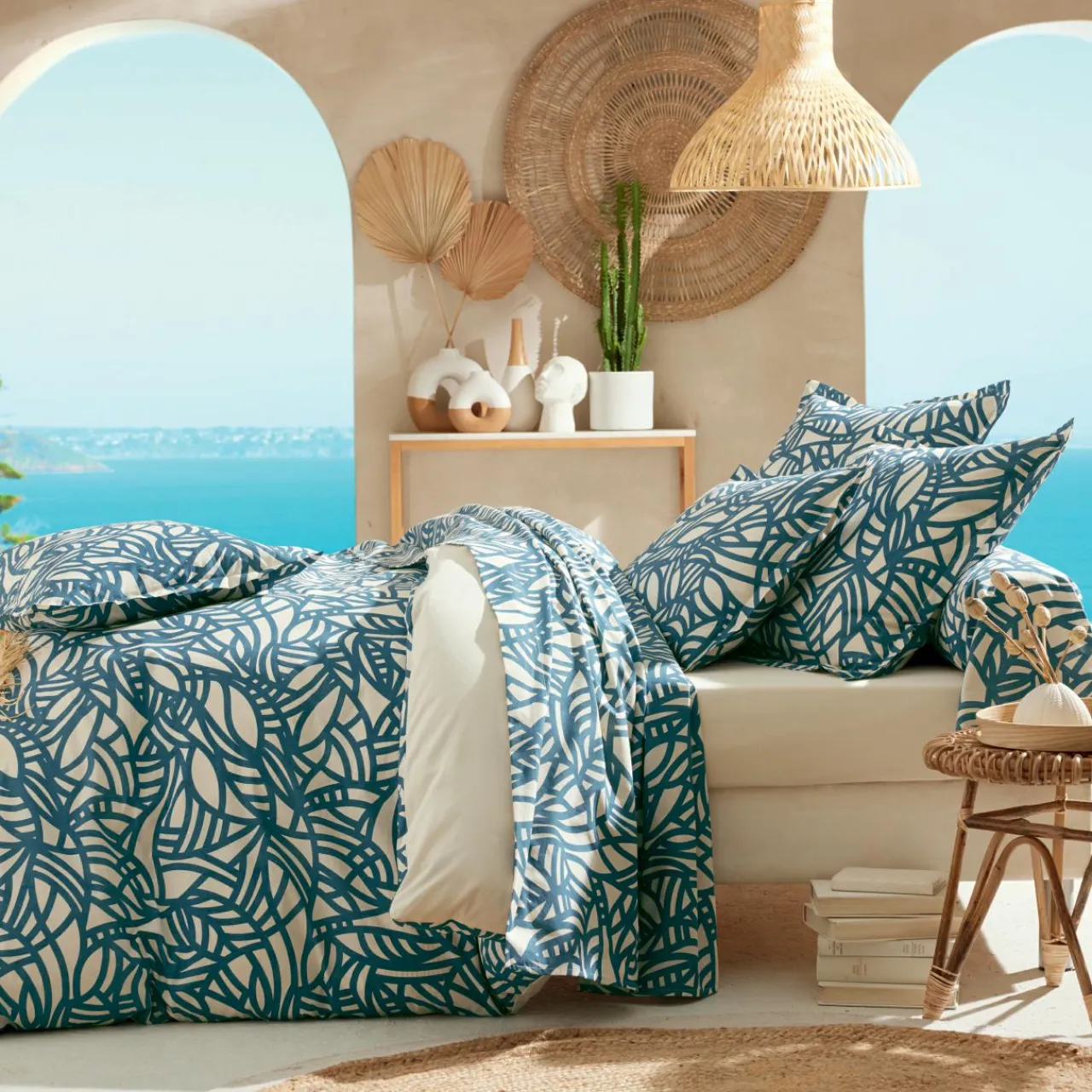 Housse De Couette|TRADI LINGE Housse de couette coton lavé (200 x 200 cm) Serena e Bleu