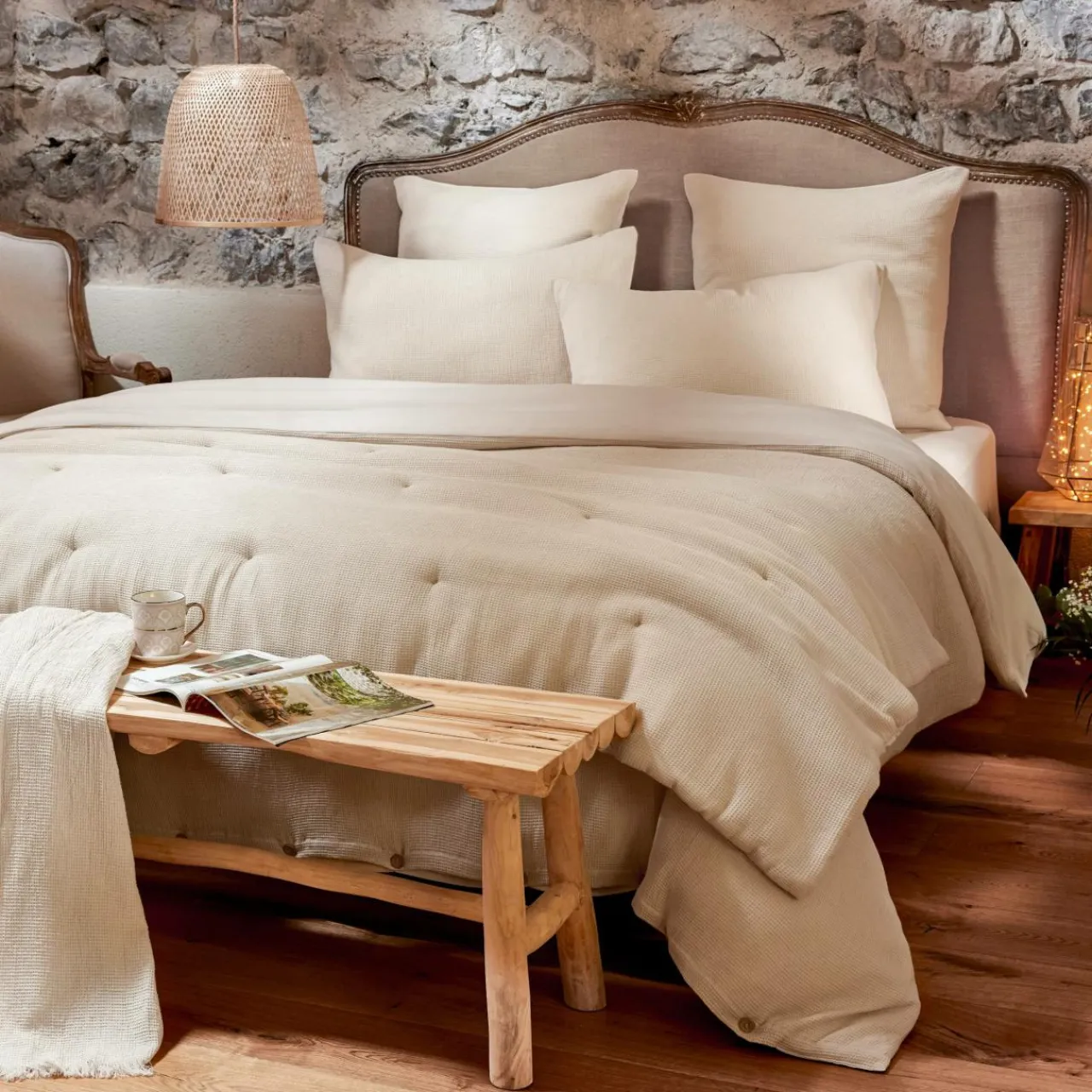 Housse De Couette|EMINZA Housse de couette coton nid d'abeille (260 x 240 cm) Eva Beige