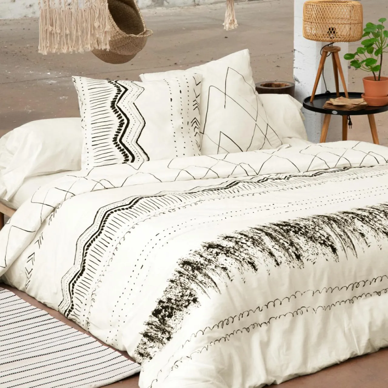 Parure De Lit|Housse De Couette|L'EFFET PAPILLON Housse de couette et deux taies coton (240 x 220 cm) Berbère e Noir