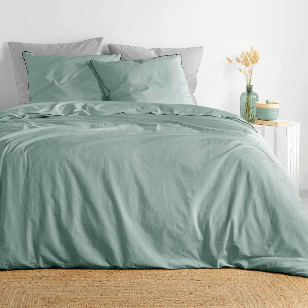 Parure De Lit|Housse De Couette|DOUCEUR D'INTERIEUR Housse de couette et deux taies coton lavé (260 x 240 cm) Linette Vert sauge