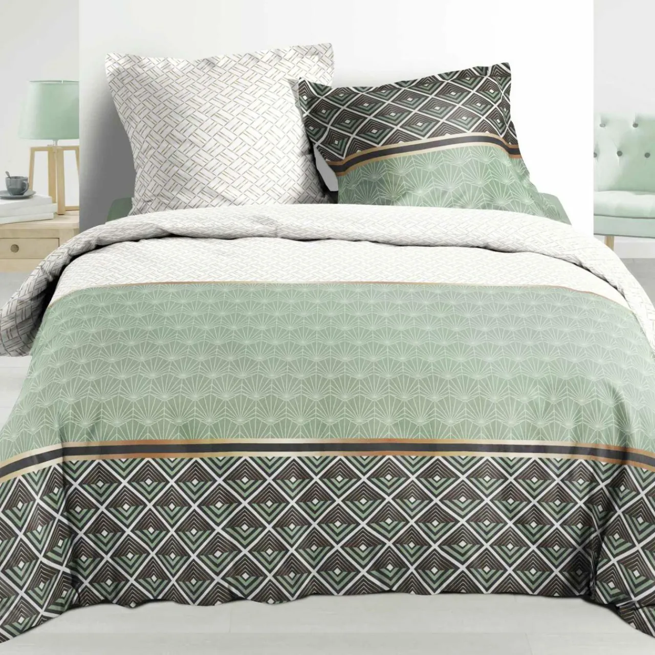 Parure De Lit|Housse De Couette|DOUCEUR D'INTERIEUR Housse de couette et deux taies percale de coton (260 x 240 cm) Belor e Vert