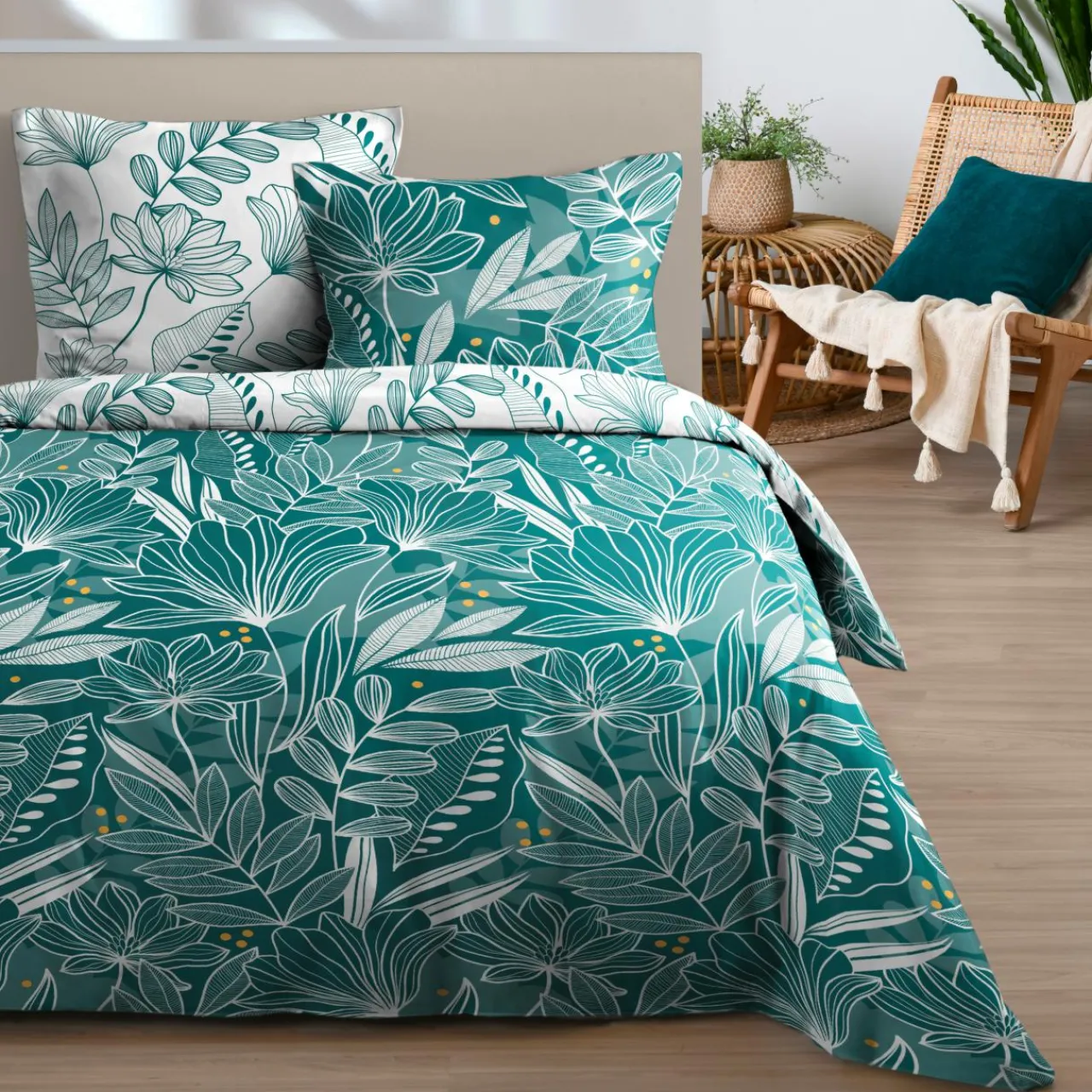 Parure De Lit|STOF Housse de couette et deux taies d'oreiller en coton (240 x 220 cm) Douala Bleu pétrole