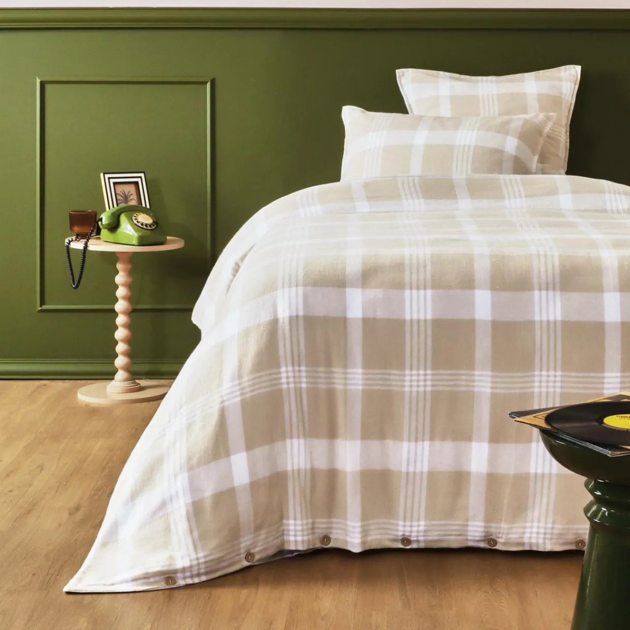 Housse De Couette|EMINZA Housse de couette flanelle de coton (140 x 200 cm) Nina carreaux Beige Carreau Beige