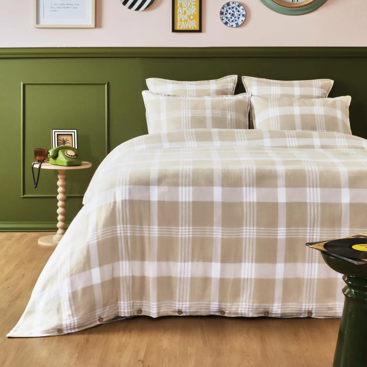 Housse De Couette|EMINZA Housse de couette flanelle de coton (200 x 200 cm) Nina carreaux Beige Carreau Beige