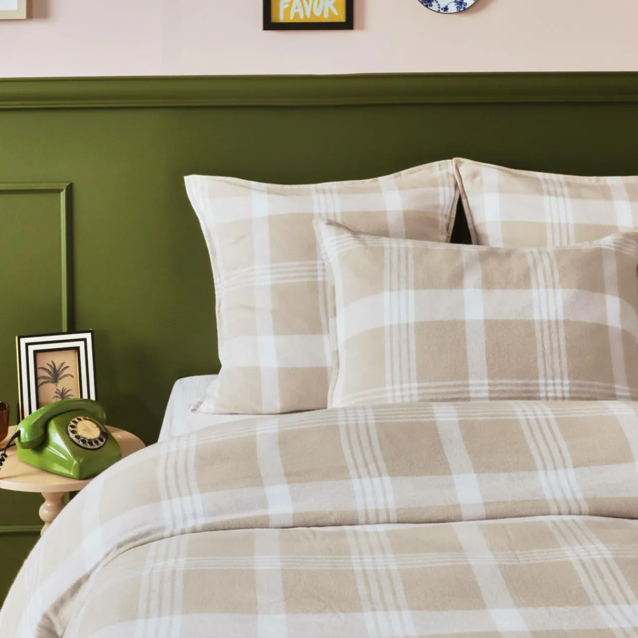 Housse De Couette|EMINZA Housse de couette flanelle de coton (280 x 240 cm) Nina carreaux Beige Carreau Beige