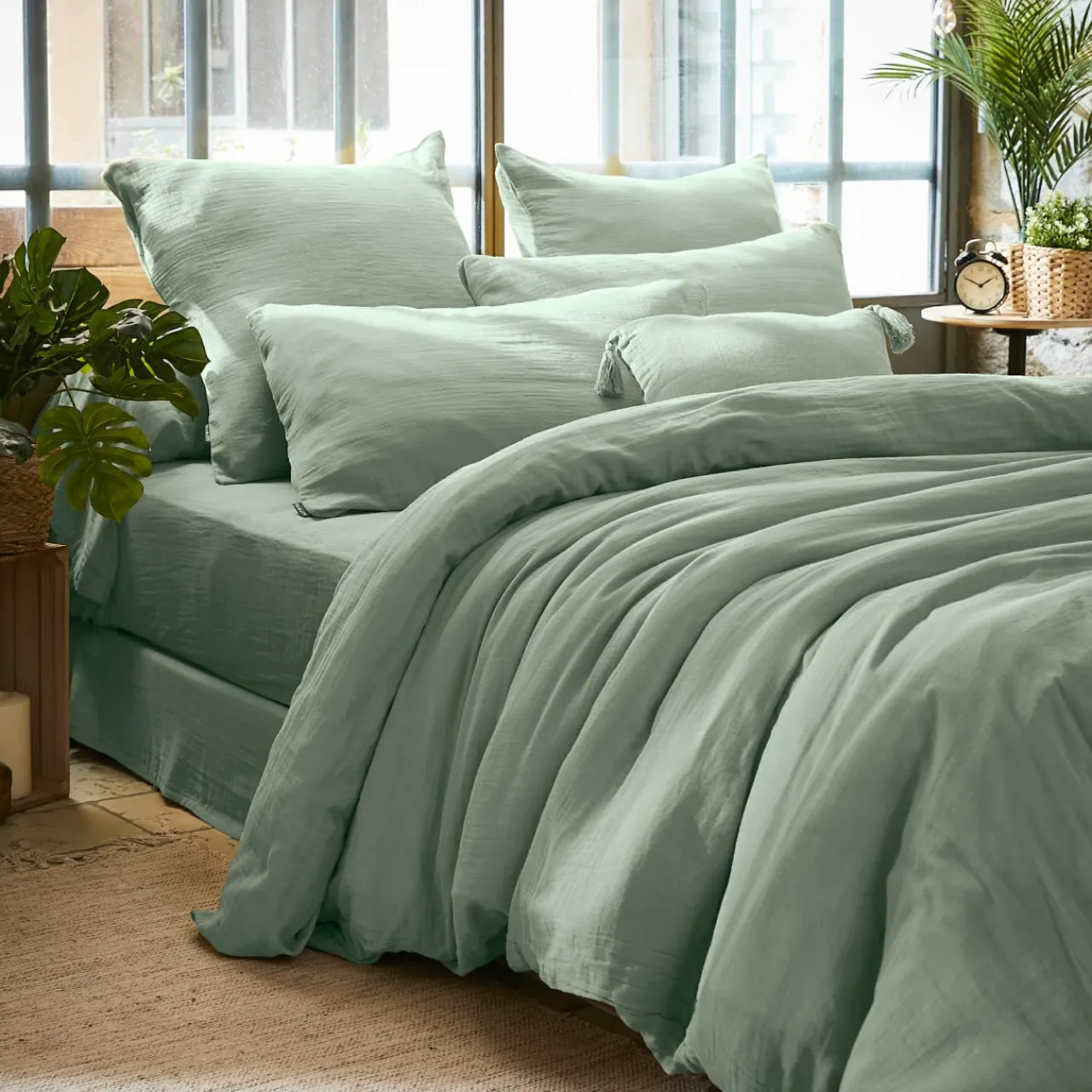 Housse De Couette|EMINZA Housse de couette gaze de coton (260 x 240 cm) Gaïa Vert Eucalyptus