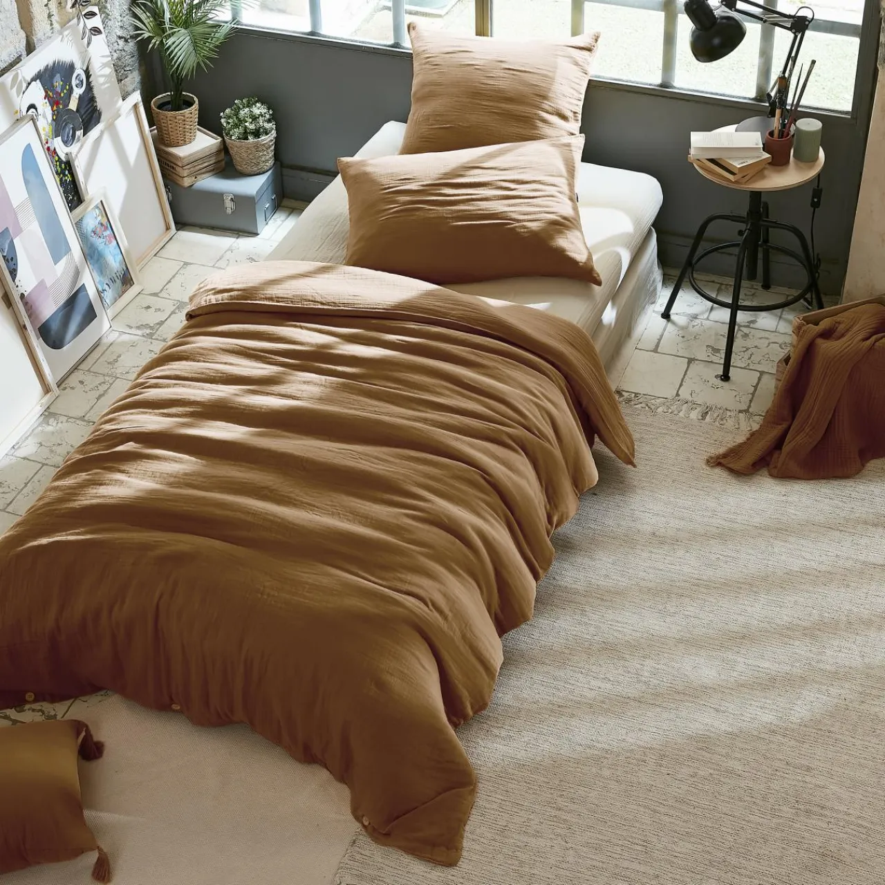 Housse De Couette|EMINZA Housse de couette gaze de coton (140 x 200 cm) Gaïa Camel