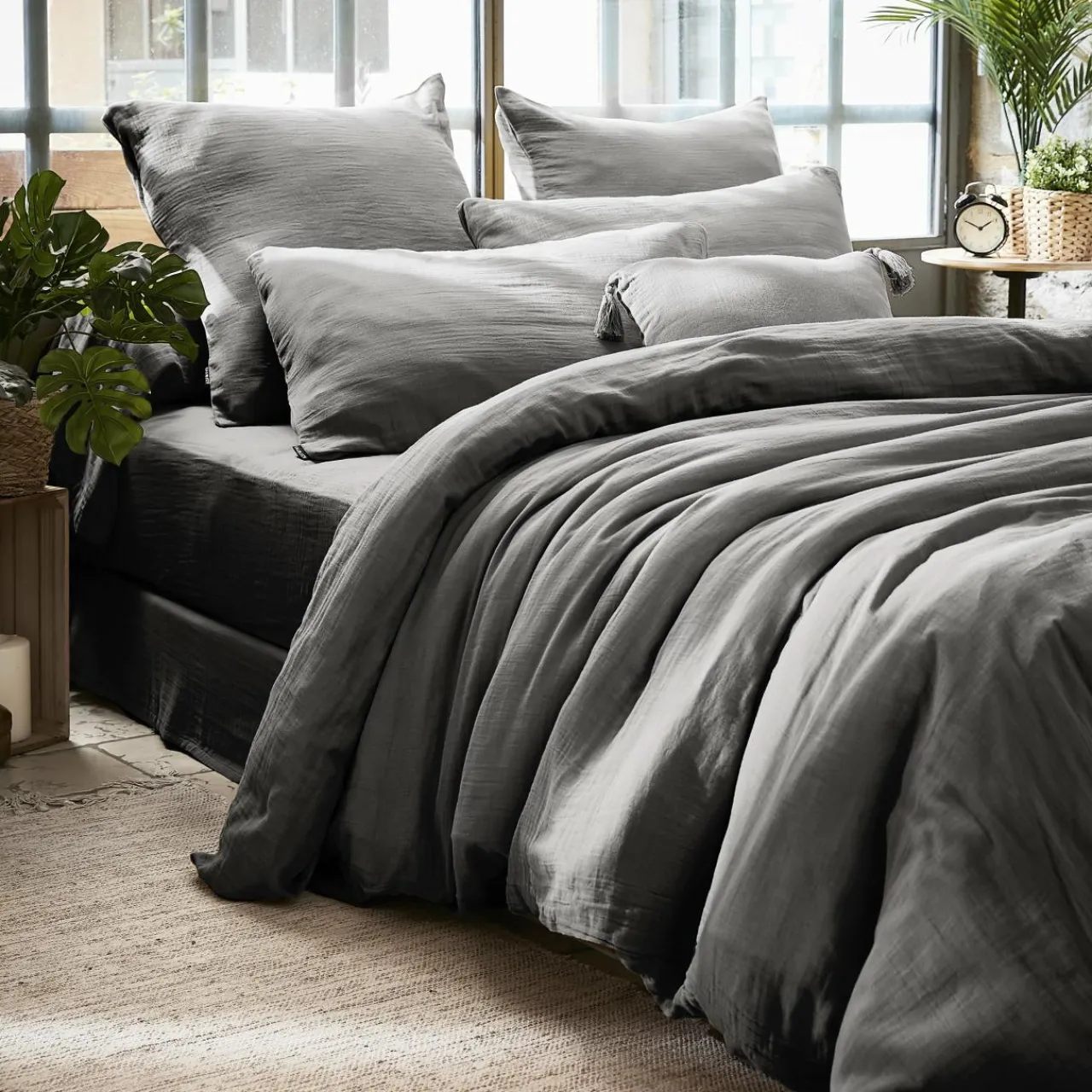 Housse De Couette|EMINZA Housse de couette gaze de coton (280 x 240 cm) Gaïa Gris granit Gris foncé