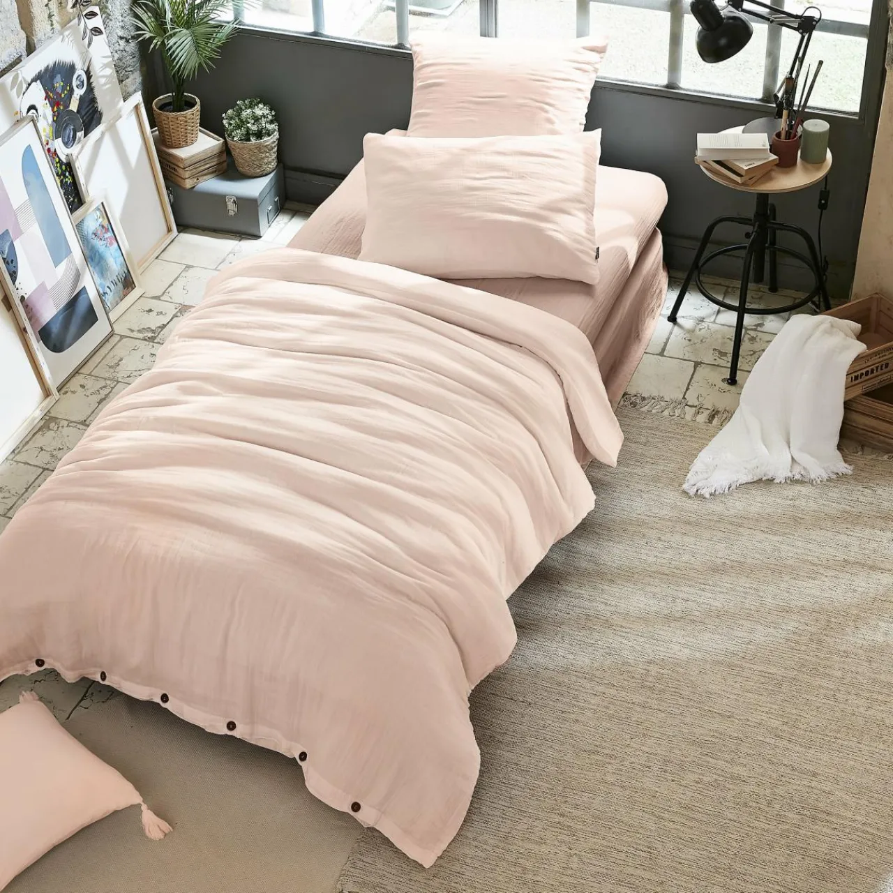 Housse De Couette|EMINZA Housse de couette gaze de coton (140 x 200 cm) Gaïa Rose poudré