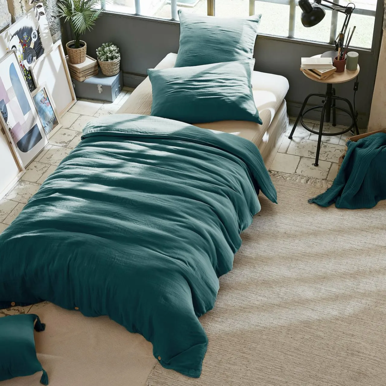 Housse De Couette|EMINZA Housse de couette gaze de coton (140 x 200 cm) Gaïa Bleu canard