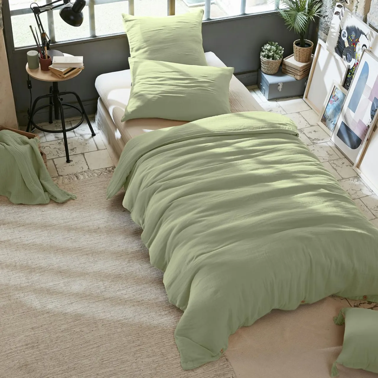 Housse De Couette|EMINZA Housse de couette gaze de coton (140 x 200 cm) Gaïa Vert tilleul