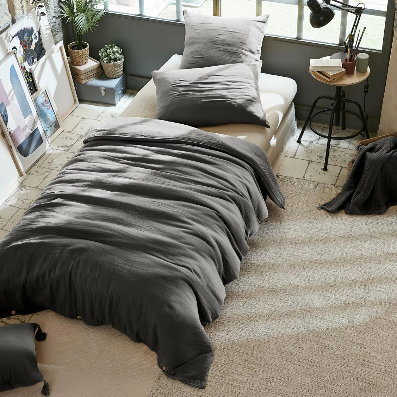 Housse De Couette|EMINZA Housse de couette gaze de coton (140 x 200 cm) Gaïa Gris granit Gris foncé