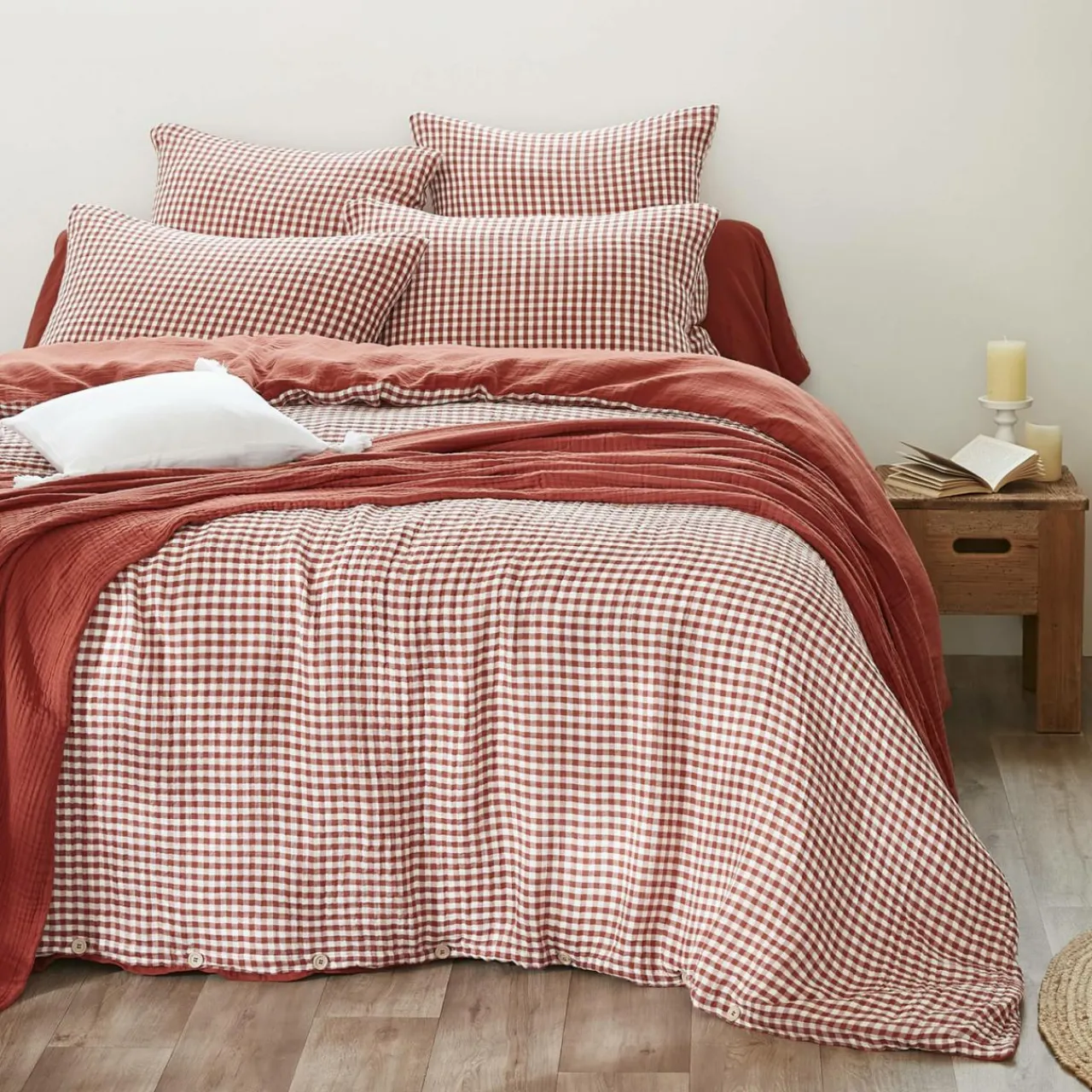 Housse De Couette|EMINZA Housse de couette gaze de coton (240 x 220 cm) Gaïa vichy Terracotta